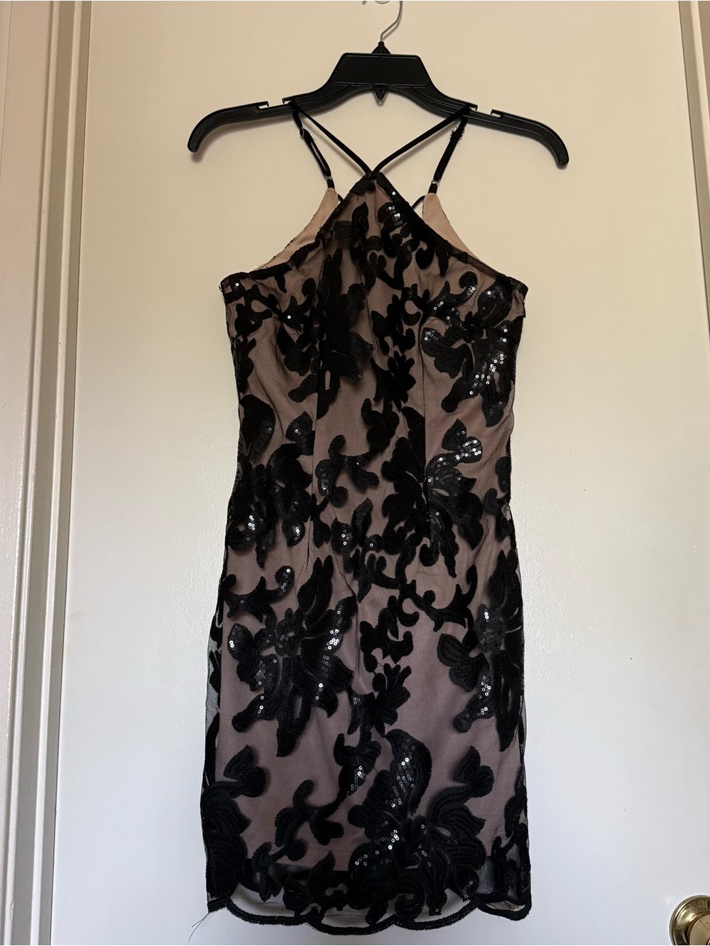 Stella | y2k halter style neckline black and tan floral lace sequin mini dress